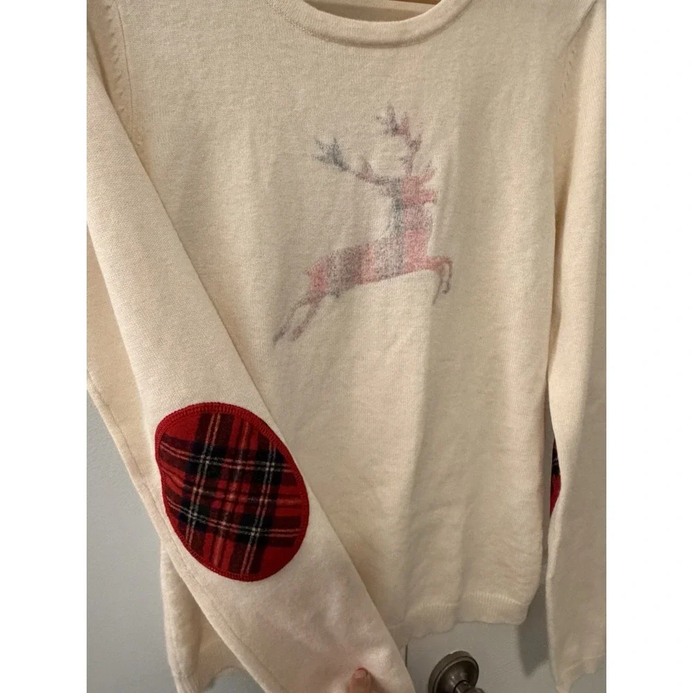 J.McLaughlin Wool Angora Sweater Sz S Elbow Patch Buffalo Plaid Reindeer Holiday